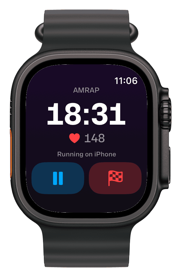 Apple Watch mirroring a running workout with heart rate and controls