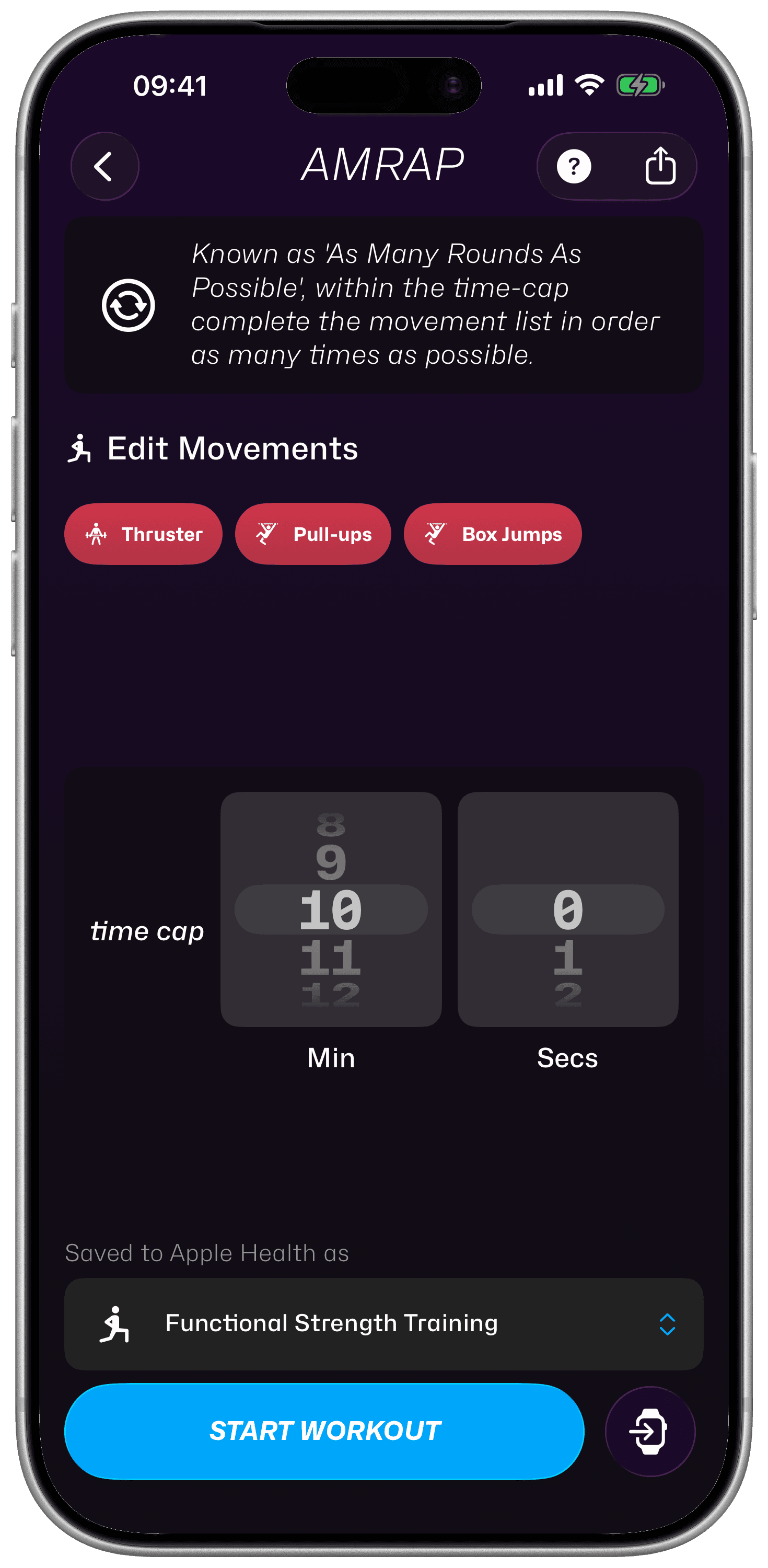 An AMRAP being built on iPhone, with the hand-off button beside Start Workout
